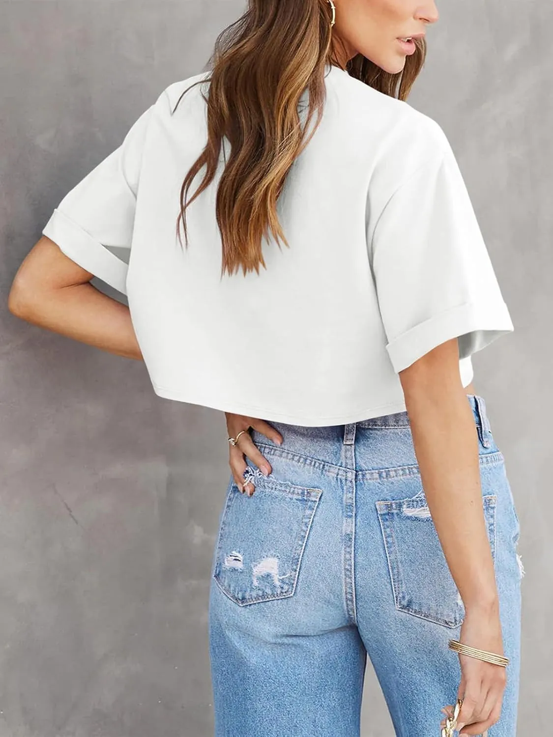 Tankaneo Women Crop T-Shirts Half Sleeve Drop Shoulder Cropped Tops Y2K Casual Summer Basic Tees