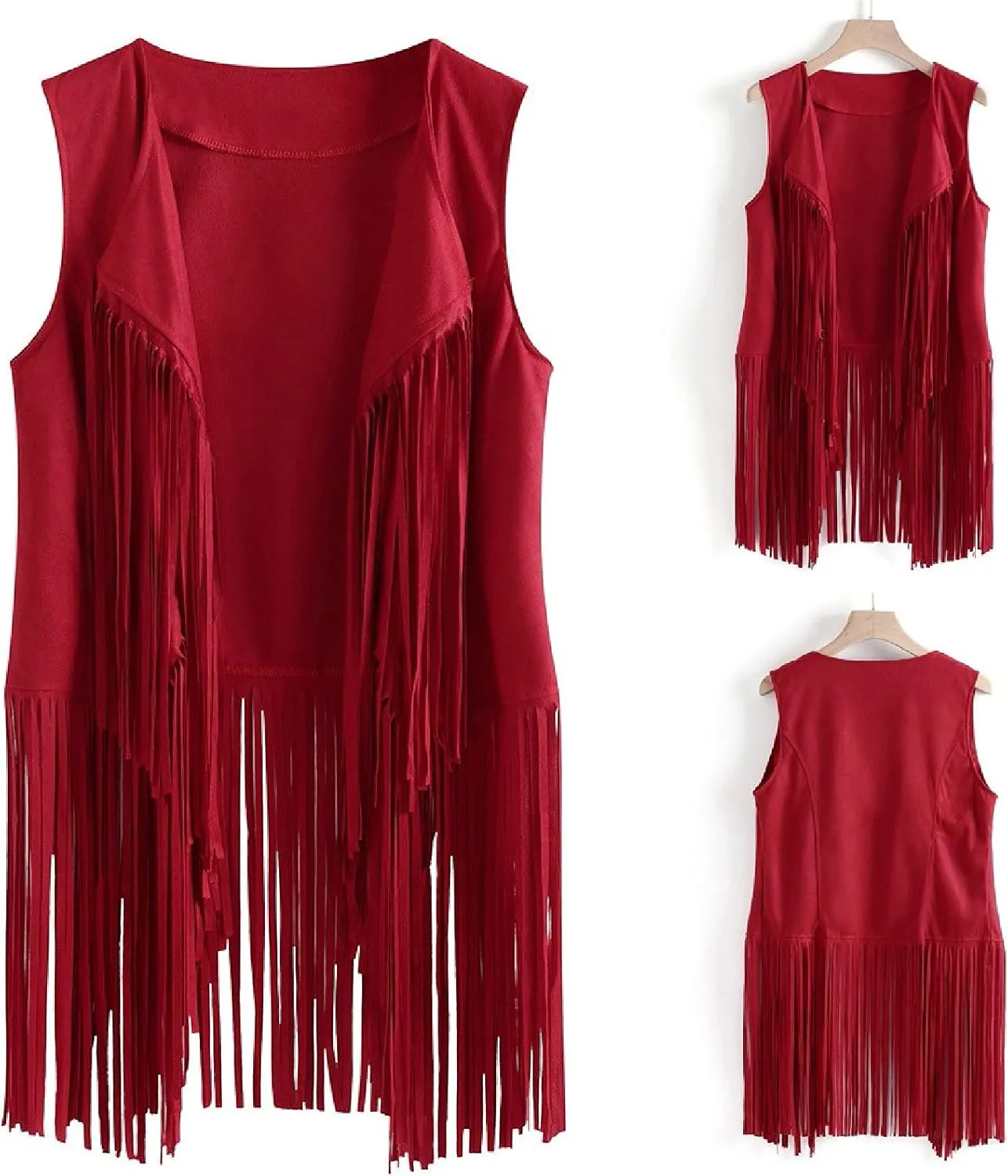 Trendy Faux Suede Fringe Jacket for Women 70s Hippie Cardigans Vest Motorcycle Tassels Sleeveless Coats