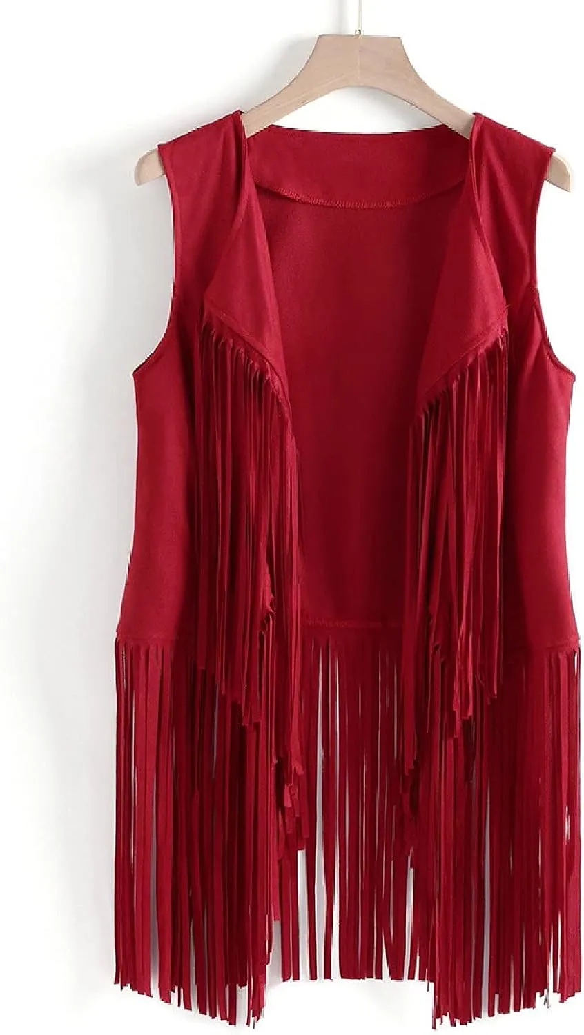 Trendy Faux Suede Fringe Jacket for Women 70s Hippie Cardigans Vest Motorcycle Tassels Sleeveless Coats