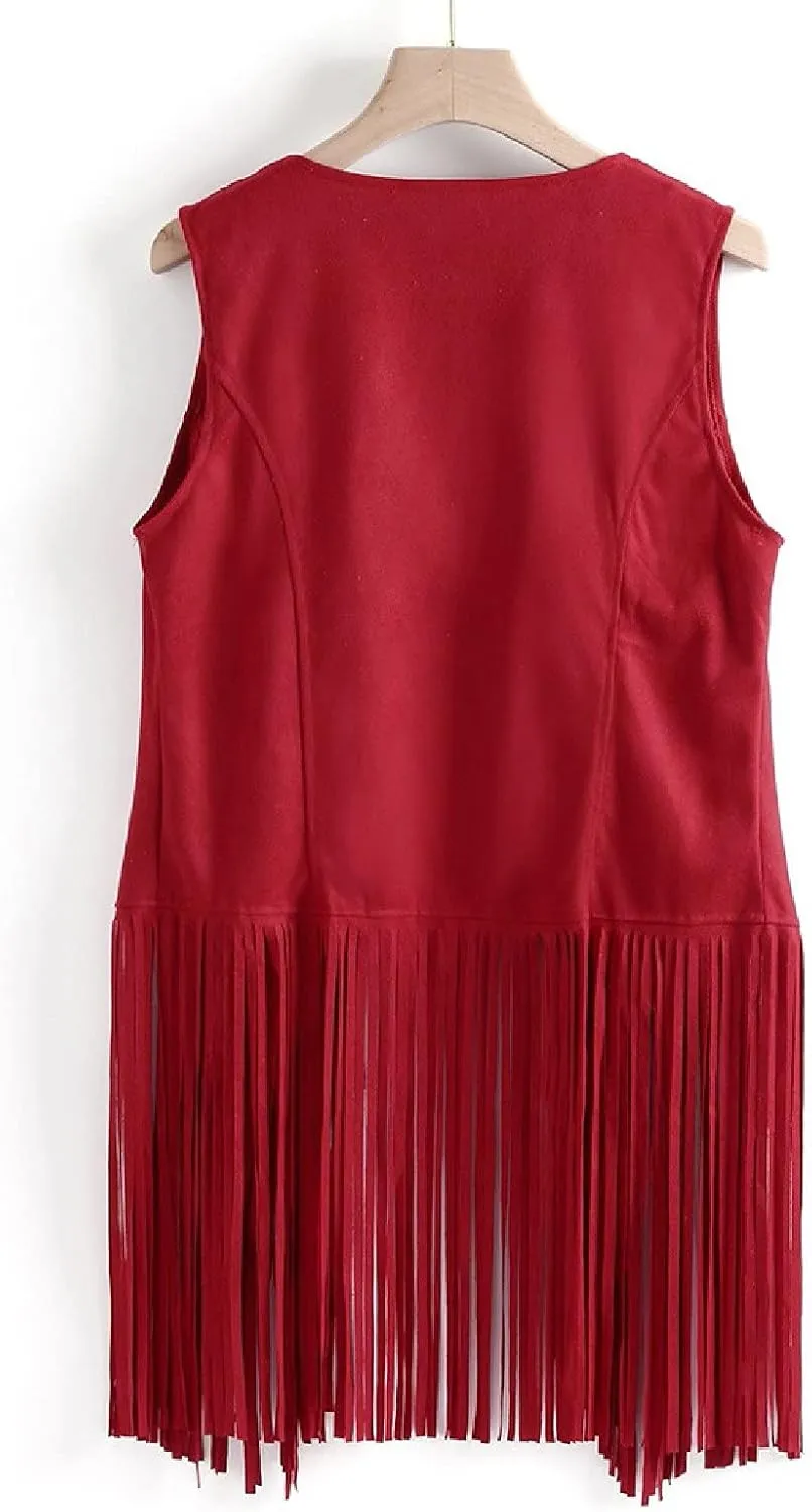 Trendy Faux Suede Fringe Jacket for Women 70s Hippie Cardigans Vest Motorcycle Tassels Sleeveless Coats