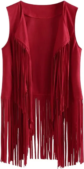 Trendy Faux Suede Fringe Jacket for Women 70s Hippie Cardigans Vest Motorcycle Tassels Sleeveless Coats