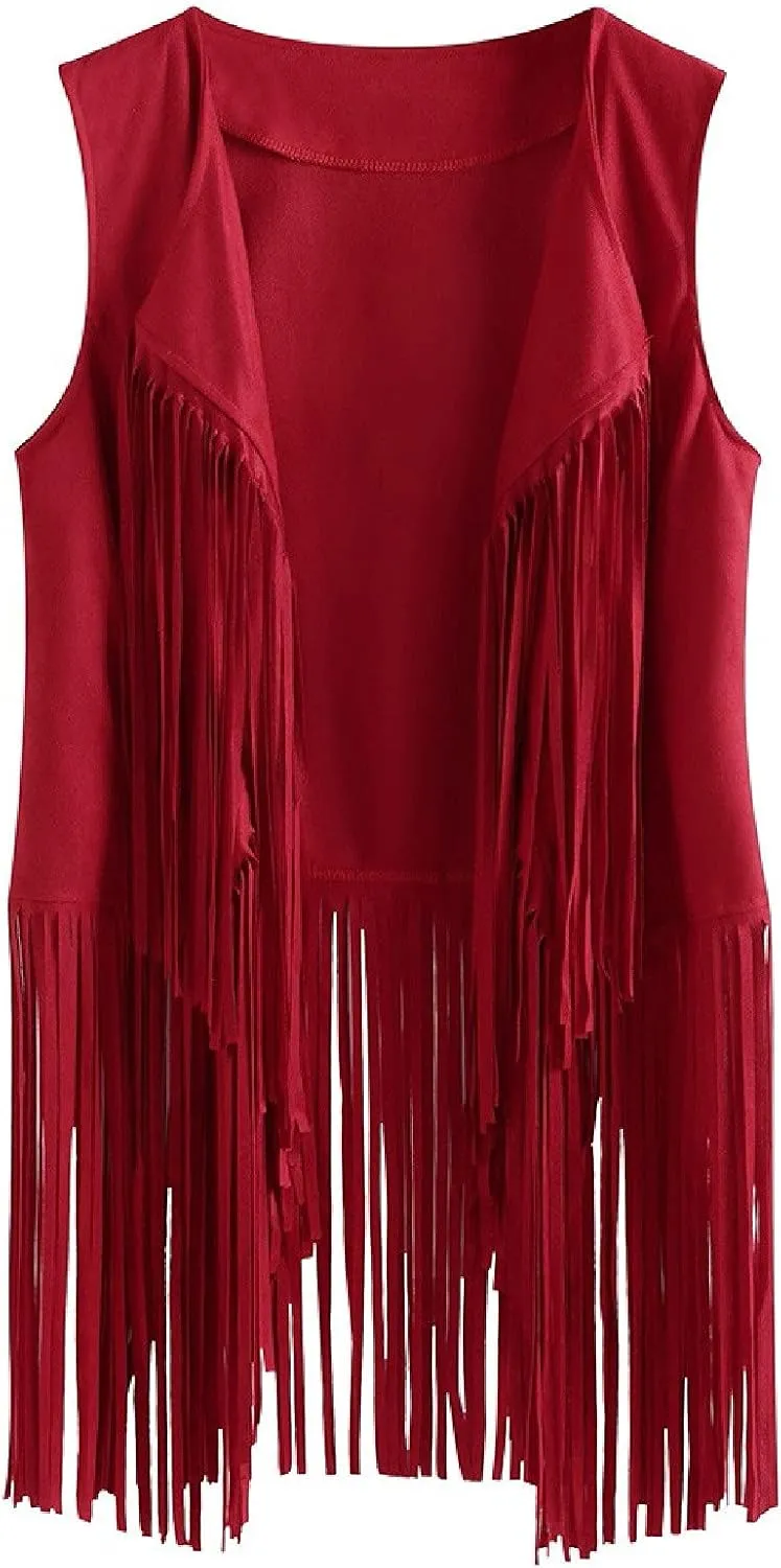 Trendy Faux Suede Fringe Jacket for Women 70s Hippie Cardigans Vest Motorcycle Tassels Sleeveless Coats