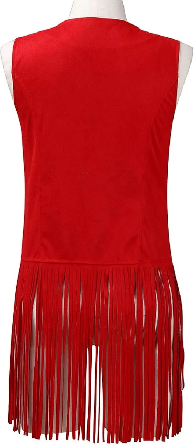 Trendy Faux Suede Fringe Jacket for Women 70s Hippie Cardigans Vest Motorcycle Tassels Sleeveless Coats