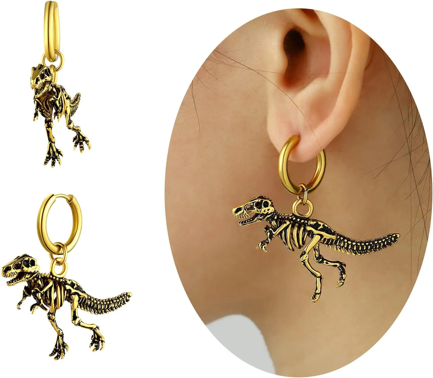 U7 Punk Rock Earrings for Men Women Hypoallergenic Stainless Steel/18K Gold/Black/S925 Sterling Silver Punk Rock Earrings Personalized Dragon/Dinosaur Earrings