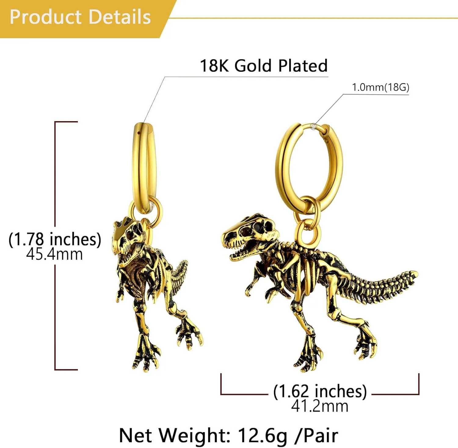 U7 Punk Rock Earrings for Men Women Hypoallergenic Stainless Steel/18K Gold/Black/S925 Sterling Silver Punk Rock Earrings Personalized Dragon/Dinosaur Earrings