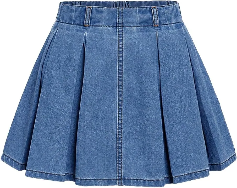 Verdusa Girl's Pleated Denim Skirt Elastic Waist A Line Flared Mini Skirt
