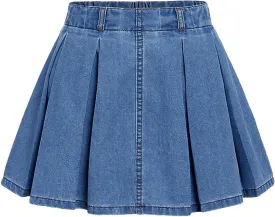 Verdusa Girl's Pleated Denim Skirt Elastic Waist A Line Flared Mini Skirt