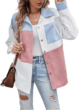 Verdusa Women's Casual Fall Jackets Button Up Jackets Long Sleeve Tops Corduroy Jacket with Pocket Multicolor Large