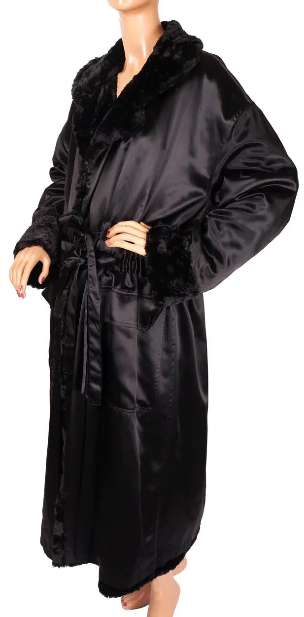 Vintage 1990s Sonia Rykiel Black Faux Fur and Satin Reversible Coat - L
