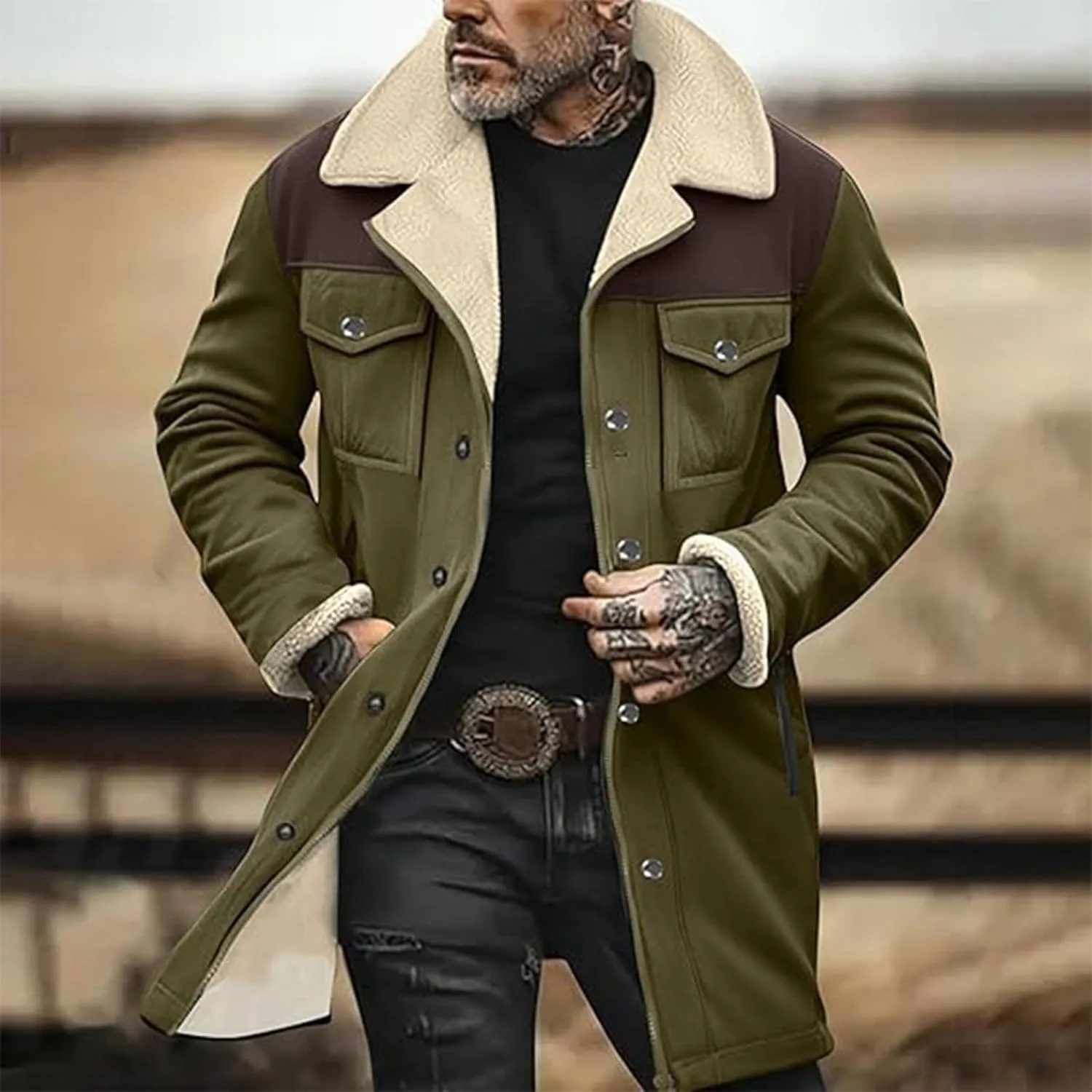 Vintage Suede Pocket Plush Reversed Collar Mens Winter Warm Outdoor Jacket Western Jackets For Men Suede Jacket