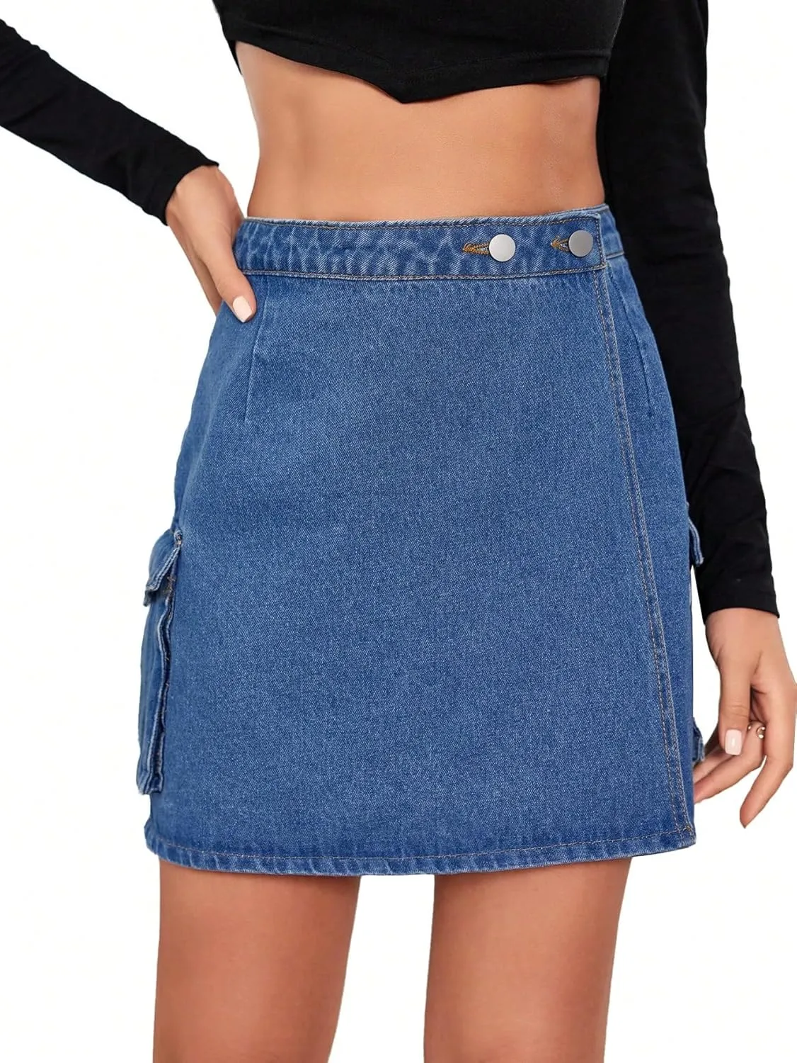 WDIRARA Women's High Waisted A-Line Button Wrap Denim Jean Skirt Mini Skirt