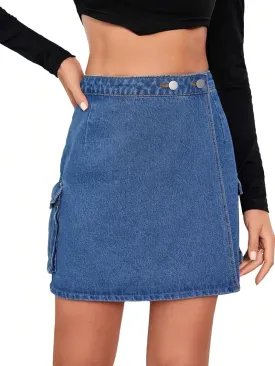 WDIRARA Women's High Waisted A-Line Button Wrap Denim Jean Skirt Mini Skirt