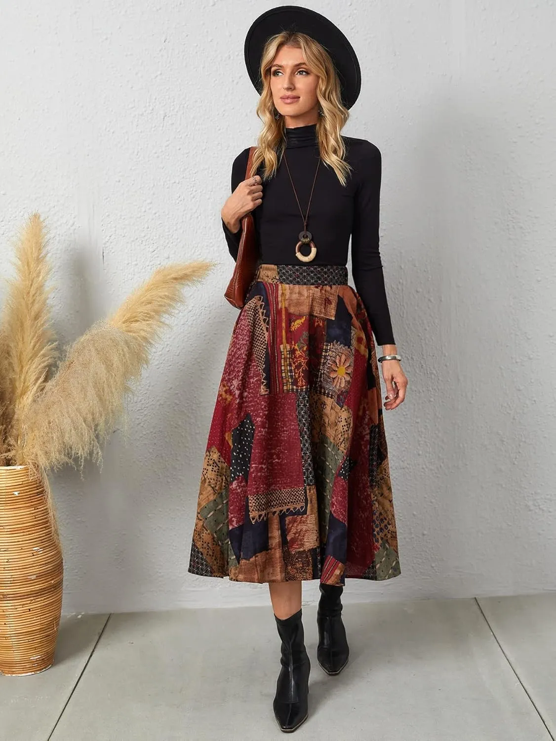 WDIRARA Women's Patchwork Skirt High Waisted A Line Flowy Boho Vintage Midi Skirt