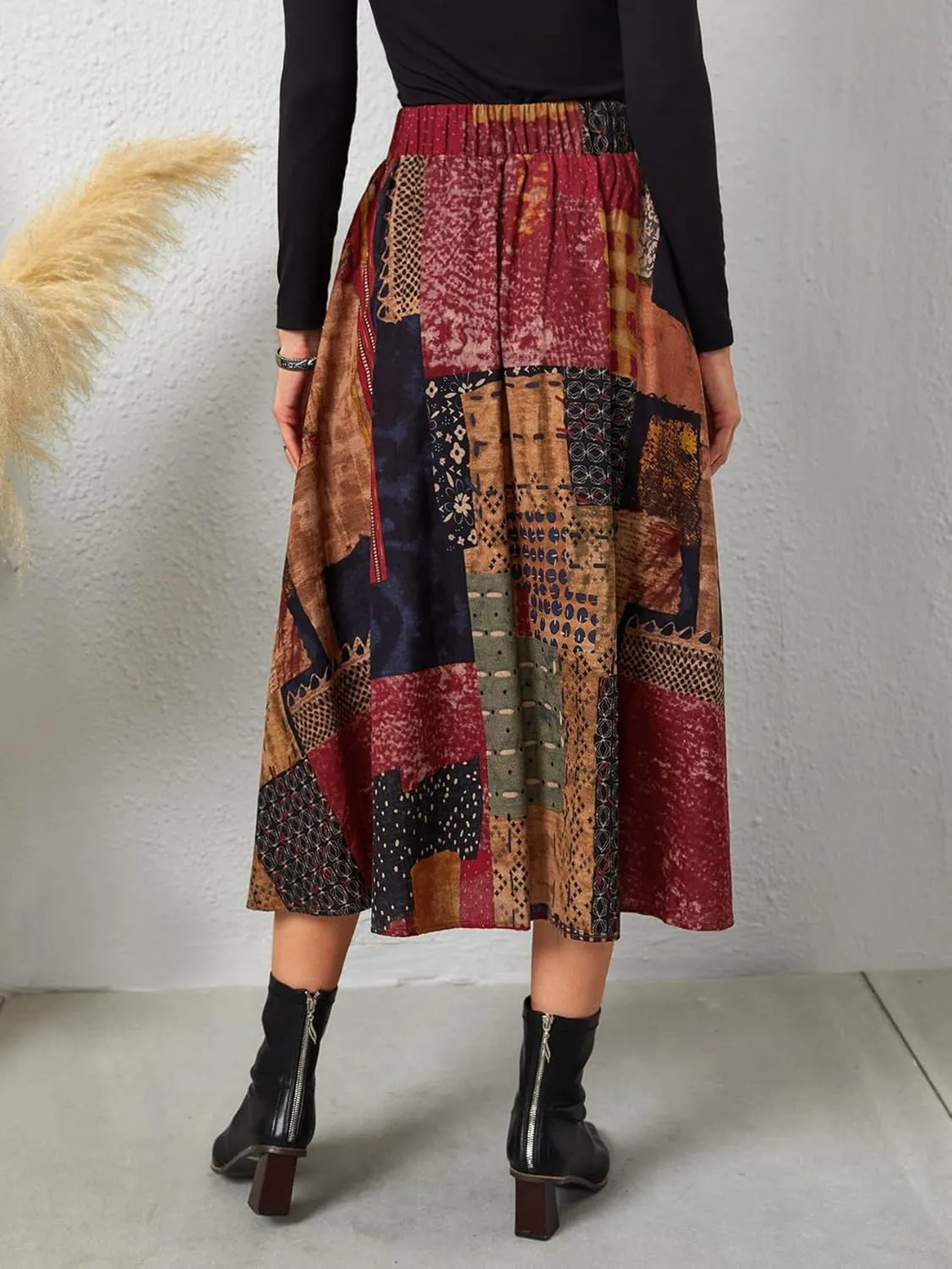 WDIRARA Women's Patchwork Skirt High Waisted A Line Flowy Boho Vintage Midi Skirt