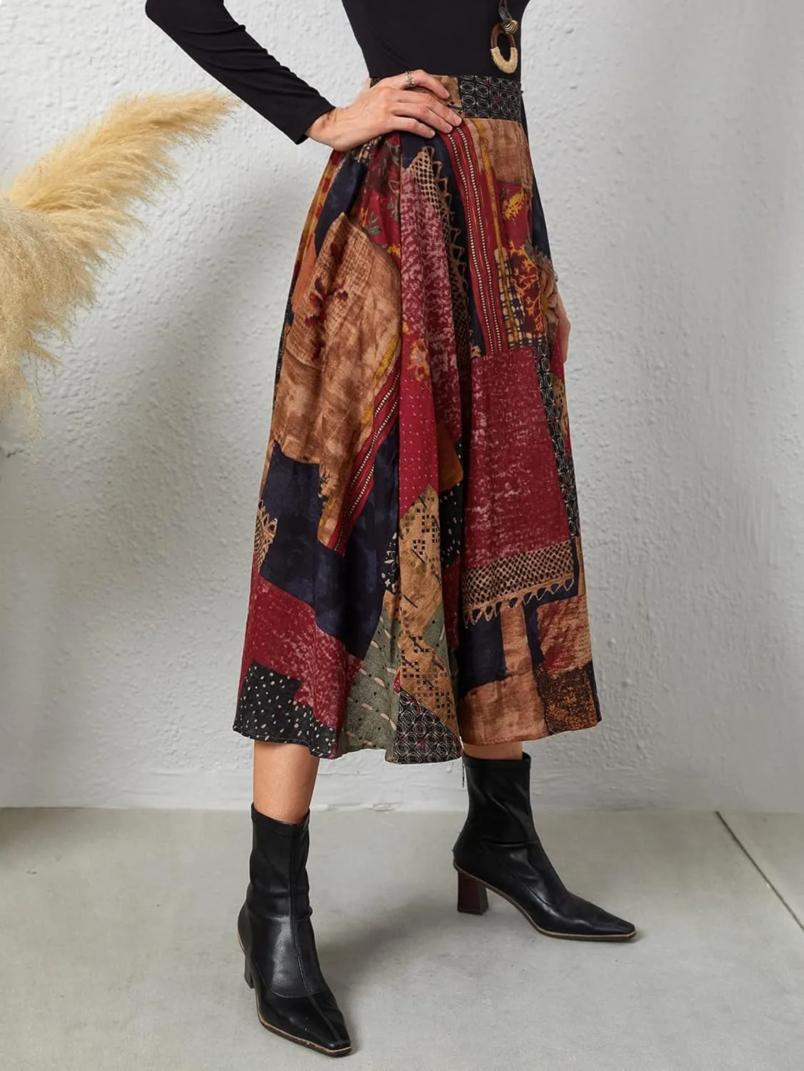 WDIRARA Women's Patchwork Skirt High Waisted A Line Flowy Boho Vintage Midi Skirt