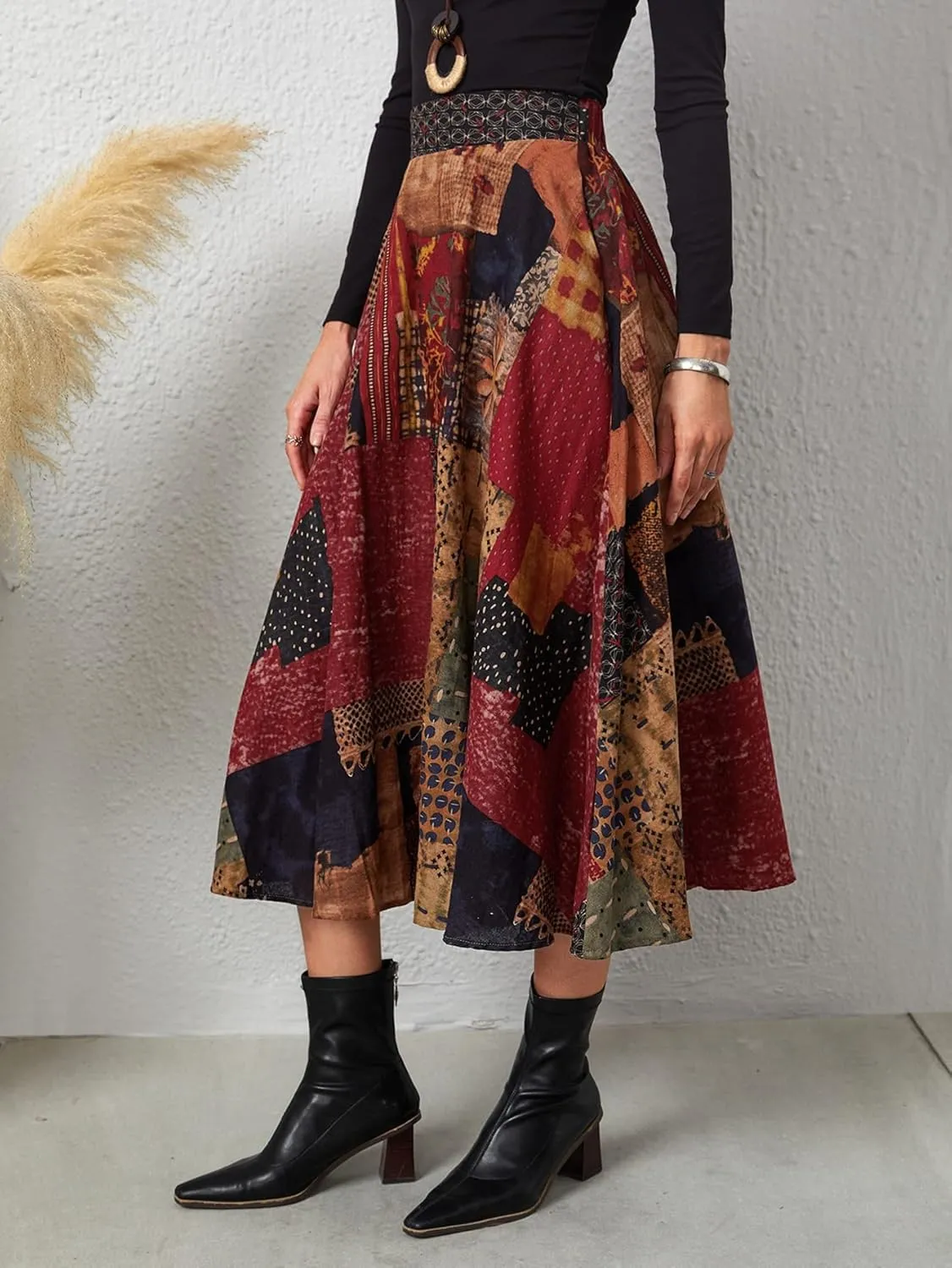 WDIRARA Women's Patchwork Skirt High Waisted A Line Flowy Boho Vintage Midi Skirt