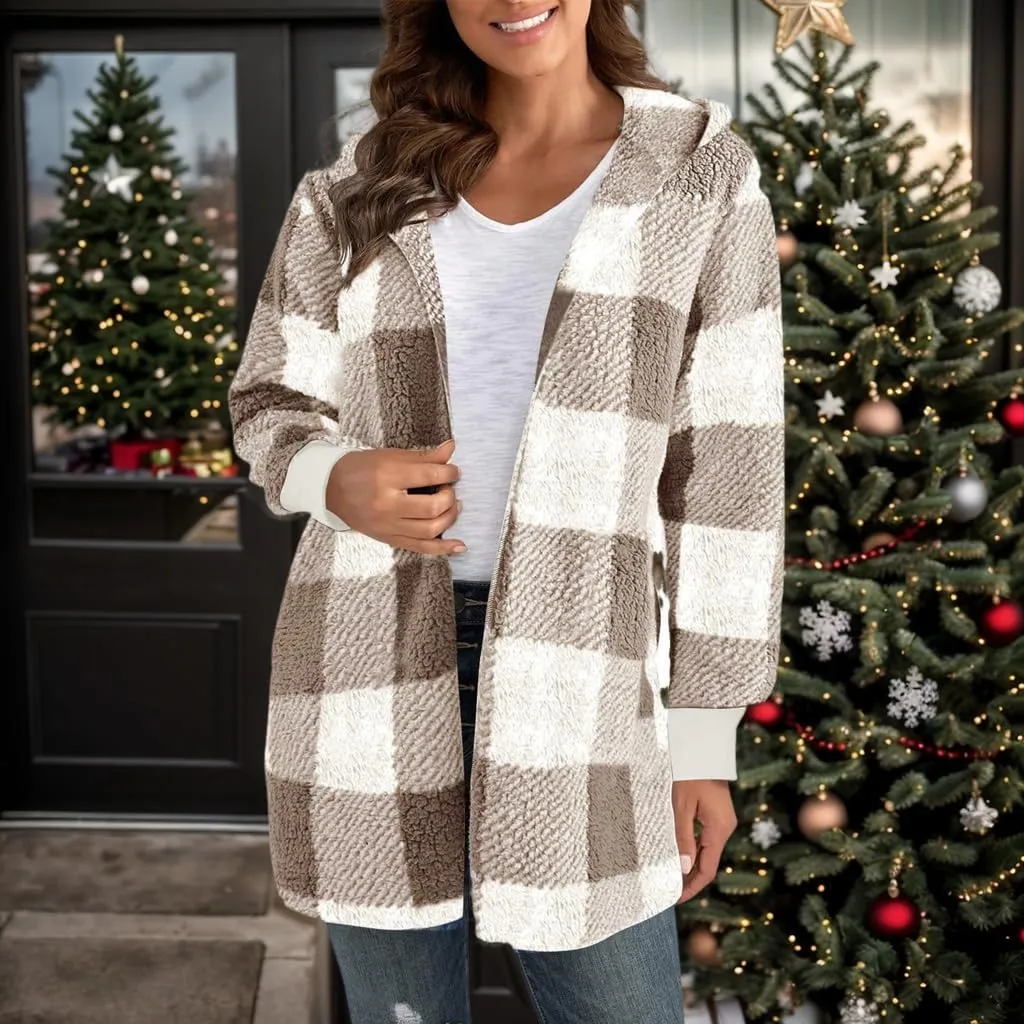 Women Fleece Jacket Fall Plaid Sherpa Jacket Open Front Flannel Hooded Cardigan Teddy Bear Coat with Pocket Outerwear