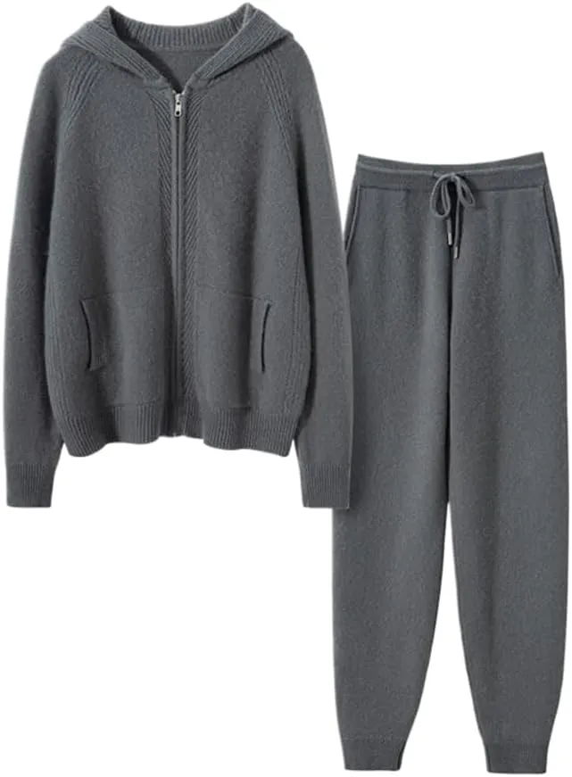 Women's Cashmere and Wool Blend Casual Knit Long Sleeve Thickening Type Hoodie Sweater and Pants Set, 2 Pieces,