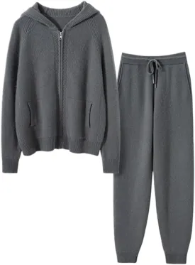 Women's Cashmere and Wool Blend Casual Knit Long Sleeve Thickening Type Hoodie Sweater and Pants Set, 2 Pieces,