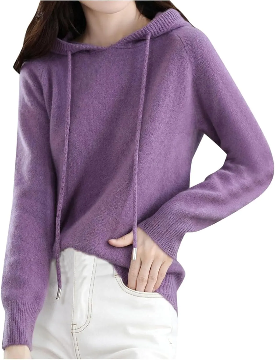 Womens Cashmere Sweater with Hooded, Cashmere Long Sleeve Hoodies Sweaters, Long Sleeve Crew Neck Soft Warm Pullover