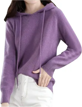 Womens Cashmere Sweater with Hooded, Cashmere Long Sleeve Hoodies Sweaters, Long Sleeve Crew Neck Soft Warm Pullover