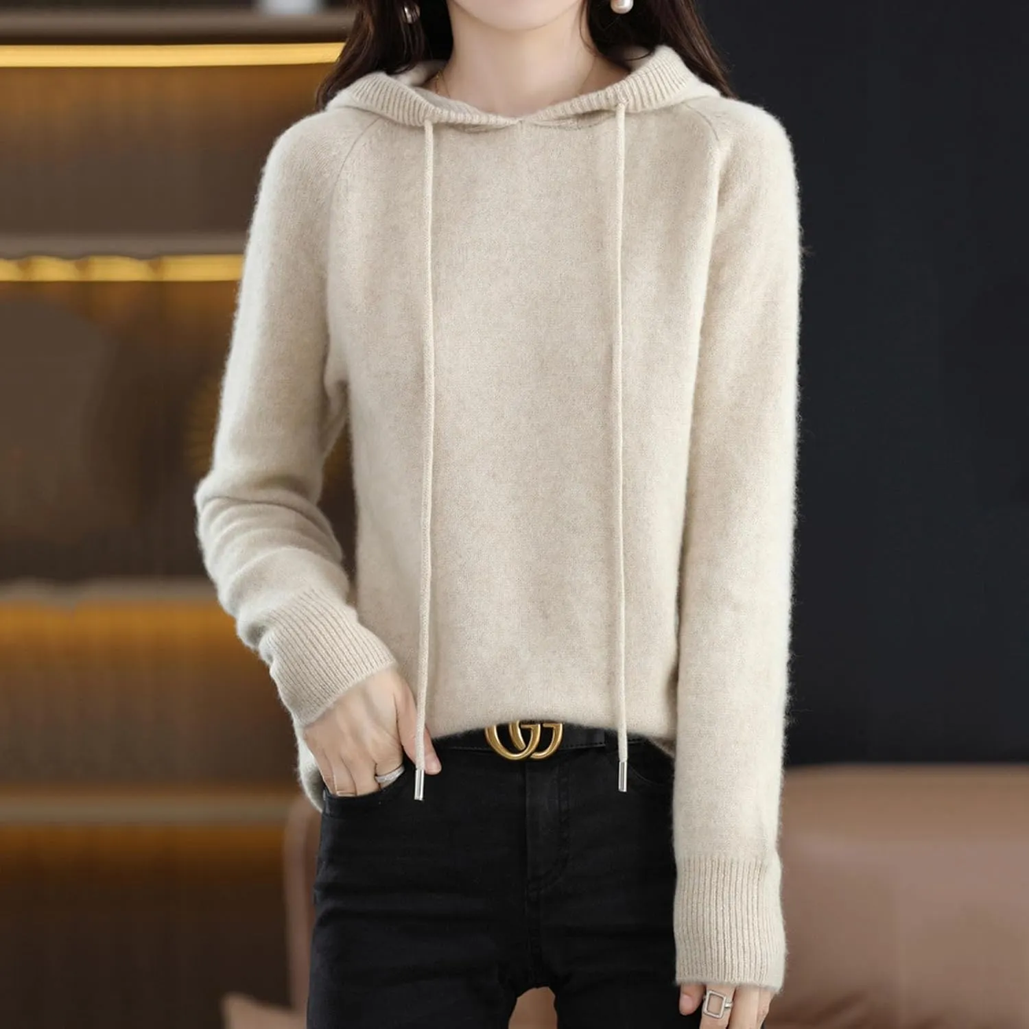Womens Cashmere Sweater with Hooded, Cashmere Long Sleeve Hoodies Sweaters, Long Sleeve Crew Neck Soft Warm Pullover
