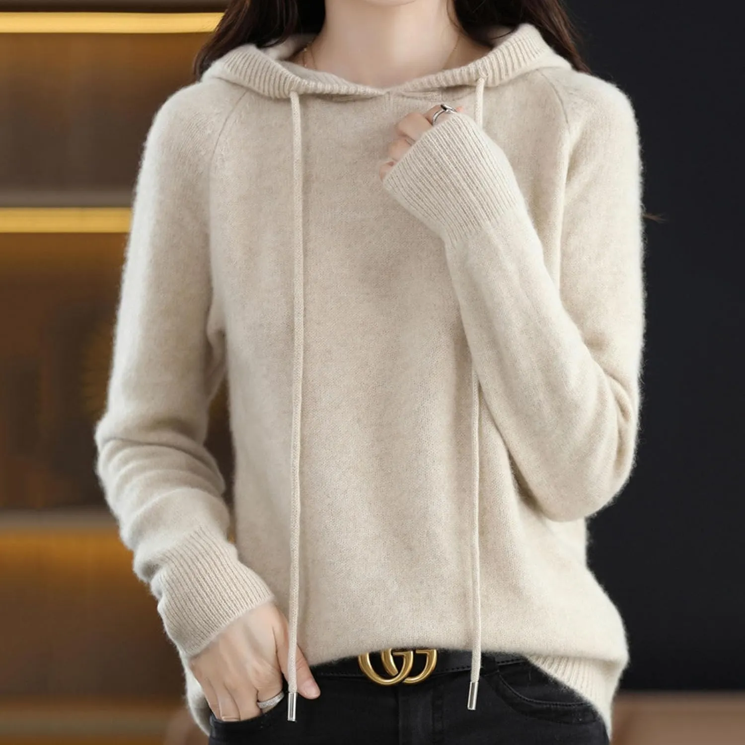 Womens Cashmere Sweater with Hooded, Cashmere Long Sleeve Hoodies Sweaters, Long Sleeve Crew Neck Soft Warm Pullover