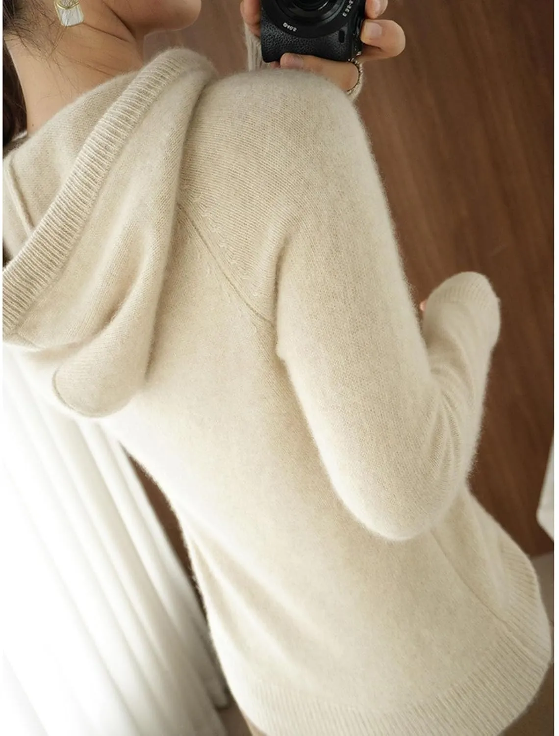 Womens Cashmere Sweater with Hooded, Cashmere Long Sleeve Hoodies Sweaters, Long Sleeve Crew Neck Soft Warm Pullover
