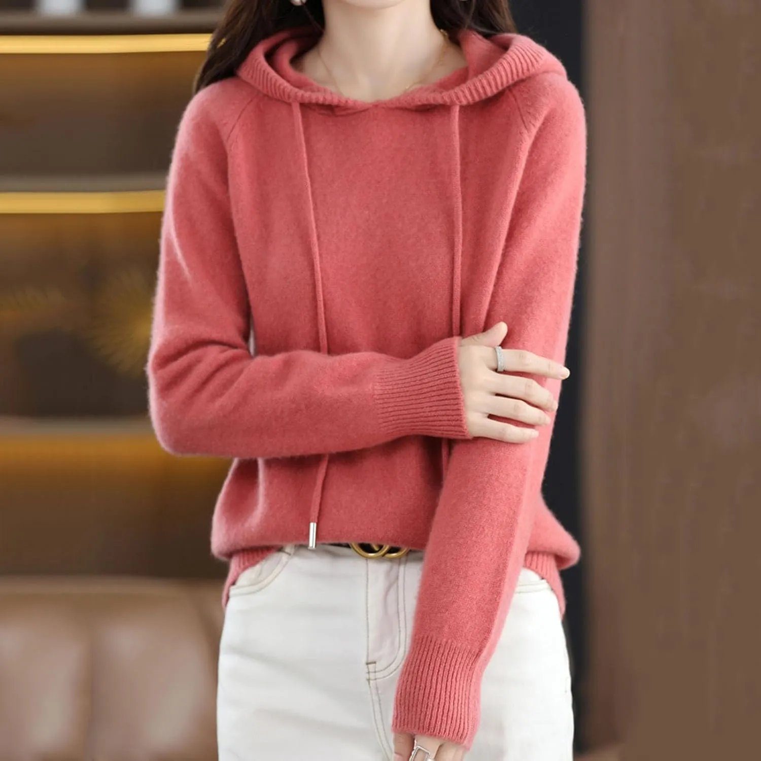 Womens Cashmere Sweater with Hooded, Cashmere Long Sleeve Hoodies Sweaters, Long Sleeve Crew Neck Soft Warm Pullover