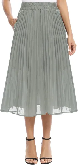 Women's Casual Chiffon Elastic Waist A-Line Pleated Midi Skirt with Pockets