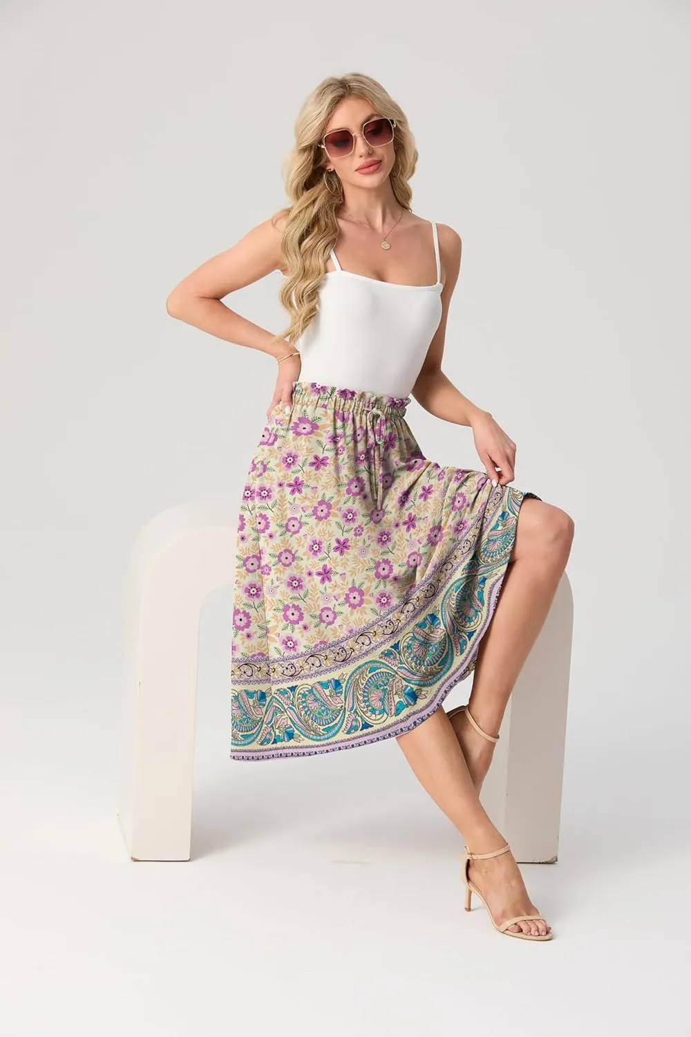 Womens Causal High Waisted Summer Midi Skirts Flowy Palazzo A-Line Long Skirt with Pockets