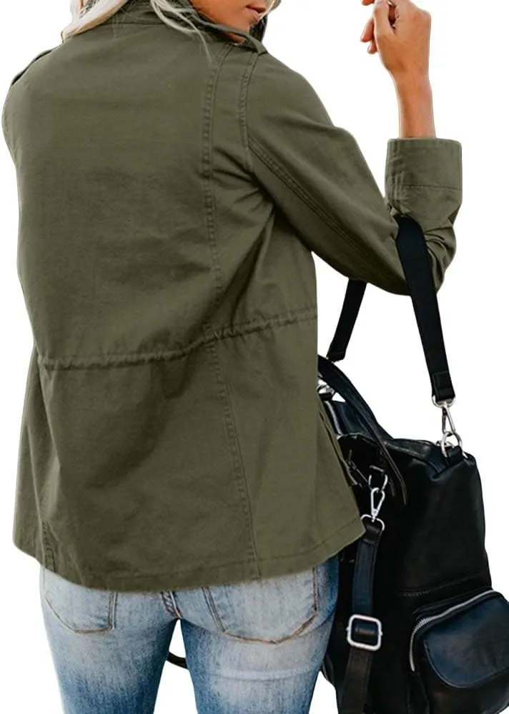 Women's Military Jacket Zip Up Snap Buttons Coat Lightweight Cargo Anorak Safari Utility Coat Outwear with Pockets