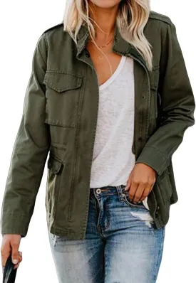 Women's Military Jacket Zip Up Snap Buttons Coat Lightweight Cargo Anorak Safari Utility Coat Outwear with Pockets