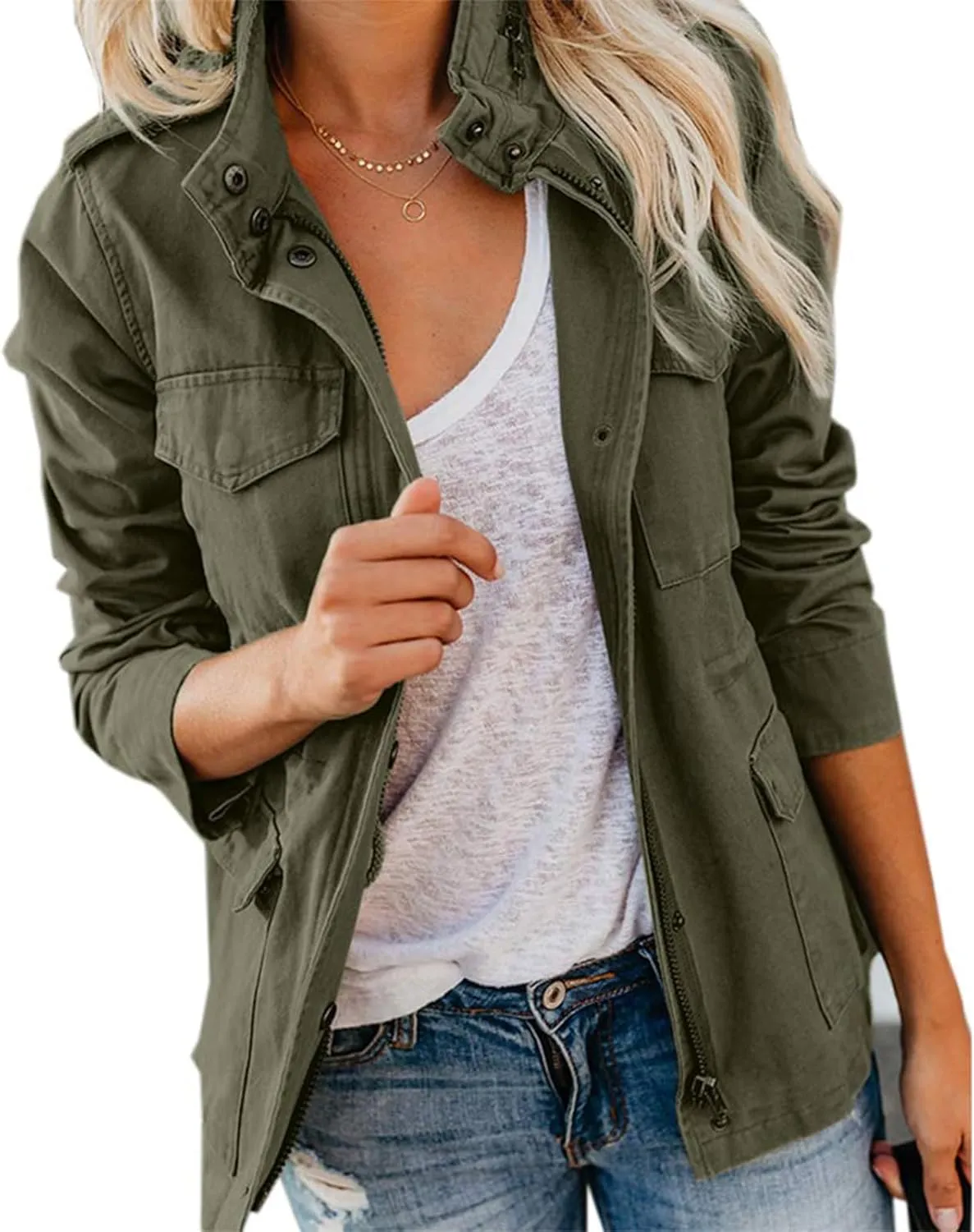 Women's Military Jacket Zip Up Snap Buttons Coat Lightweight Cargo Anorak Safari Utility Coat Outwear with Pockets