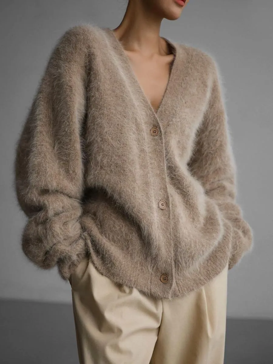 Women's Slouchy Fuzzy Cardigan Sweater - V Neck Long Sleeve Button Down Furry Knitwear for Fall, Plus Size