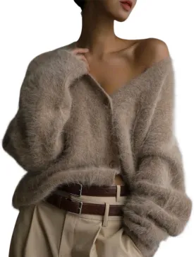 Women's Slouchy Fuzzy Cardigan Sweater - V Neck Long Sleeve Button Down Furry Knitwear for Fall, Plus Size