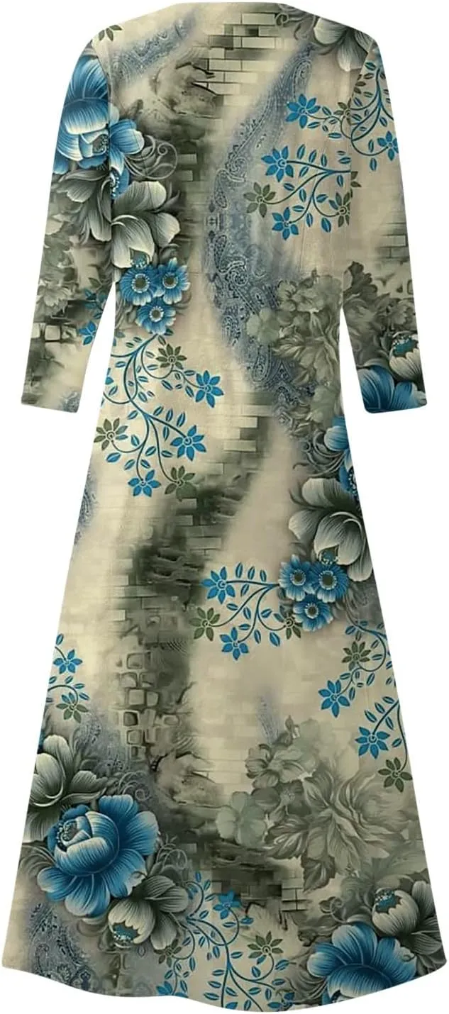 Womens Spring Boho Maxi Casual Cotton Dresses Crewneck Long Sleeve Dress Beach Smocked Ruffle Flowy Long Dresses