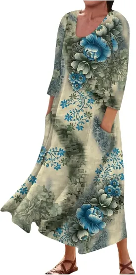 Womens Spring Boho Maxi Casual Cotton Dresses Crewneck Long Sleeve Dress Beach Smocked Ruffle Flowy Long Dresses