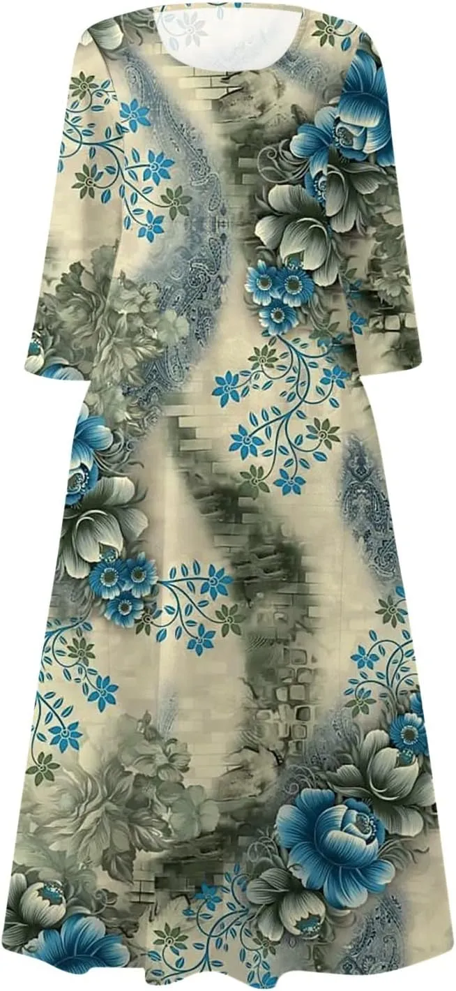 Womens Spring Boho Maxi Casual Cotton Dresses Crewneck Long Sleeve Dress Beach Smocked Ruffle Flowy Long Dresses