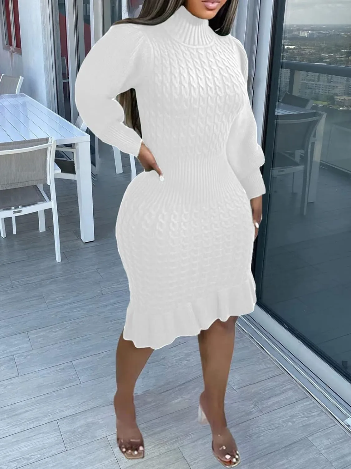 Women's Sweater Dress 2023 Fall High Neck Long Sleeve Chunky Cable Knit Pullover Sweaters Dress