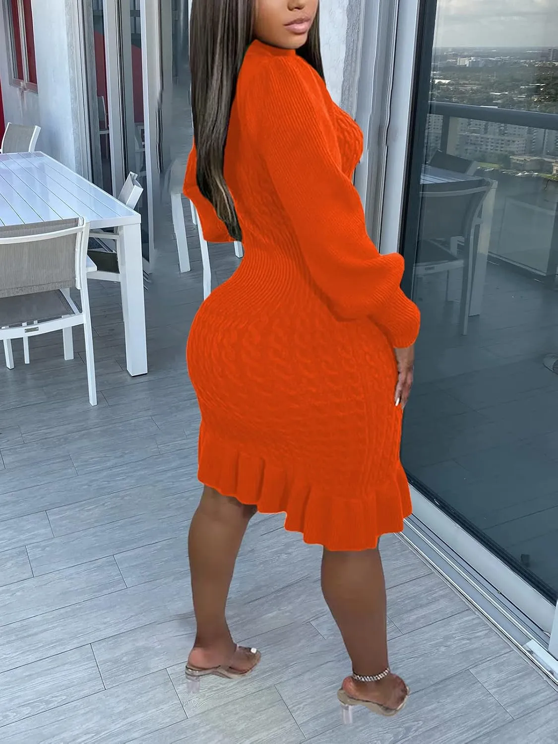 Women's Sweater Dress 2023 Fall High Neck Long Sleeve Chunky Cable Knit Pullover Sweaters Dress