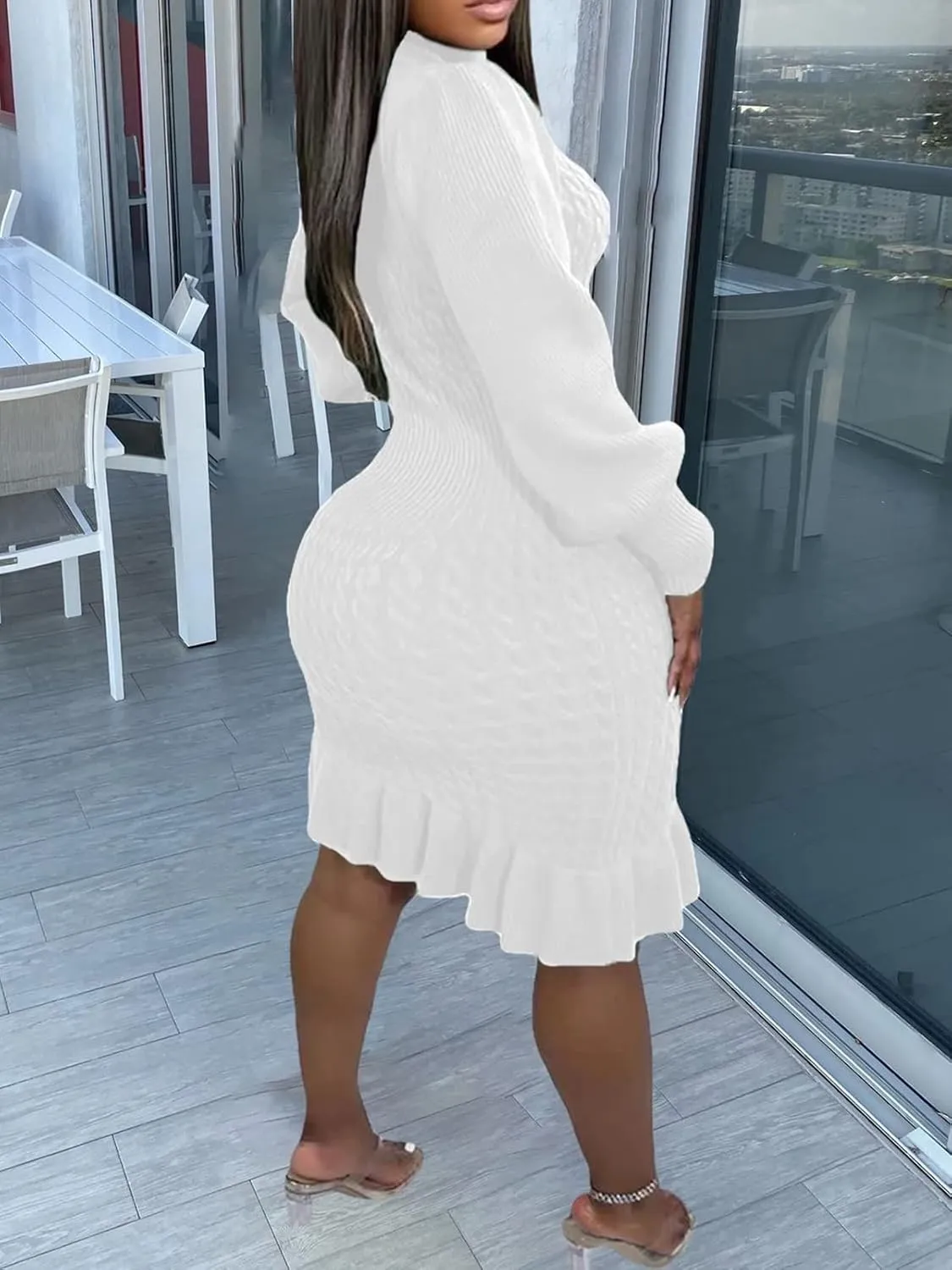 Women's Sweater Dress 2023 Fall High Neck Long Sleeve Chunky Cable Knit Pullover Sweaters Dress
