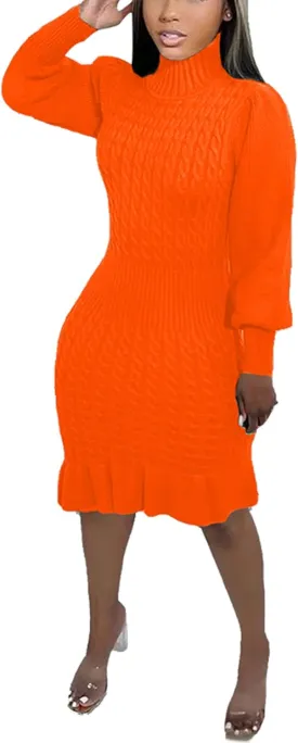 Women's Sweater Dress 2023 Fall High Neck Long Sleeve Chunky Cable Knit Pullover Sweaters Dress