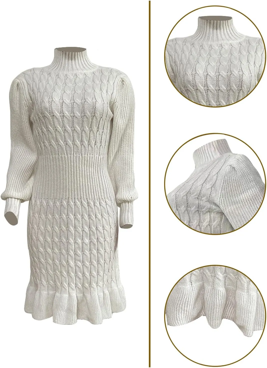 Women's Sweater Dress 2023 Fall High Neck Long Sleeve Chunky Cable Knit Pullover Sweaters Dress