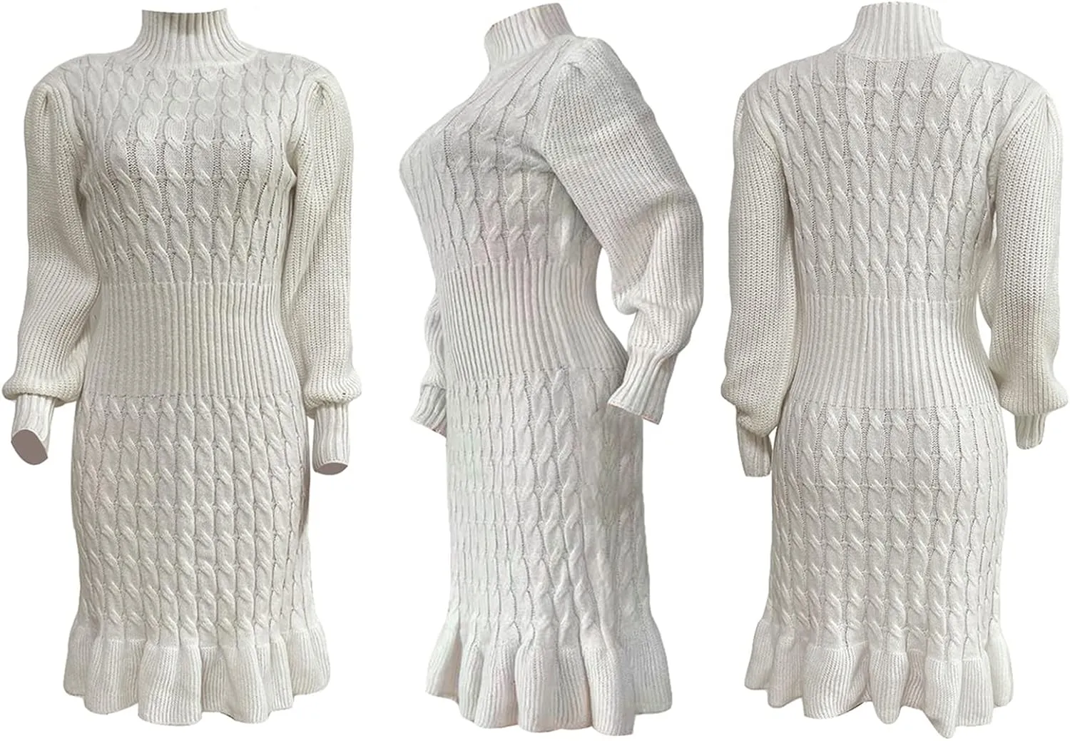 Women's Sweater Dress 2023 Fall High Neck Long Sleeve Chunky Cable Knit Pullover Sweaters Dress