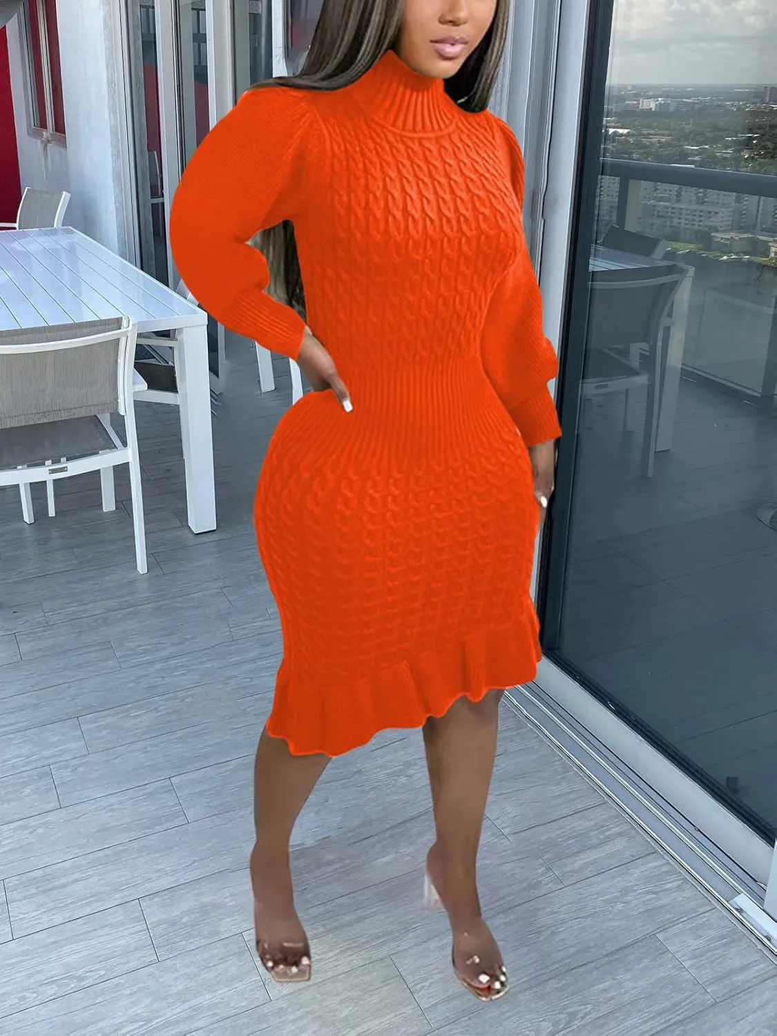 Women's Sweater Dress 2023 Fall High Neck Long Sleeve Chunky Cable Knit Pullover Sweaters Dress