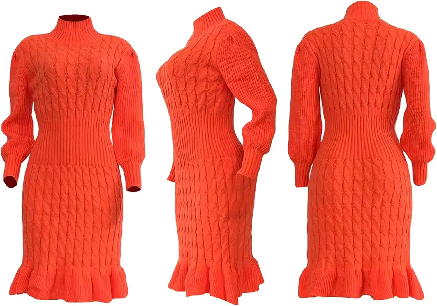 Women's Sweater Dress 2023 Fall High Neck Long Sleeve Chunky Cable Knit Pullover Sweaters Dress