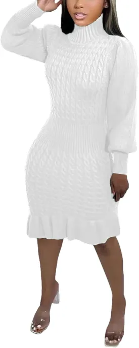 Women's Sweater Dress 2023 Fall High Neck Long Sleeve Chunky Cable Knit Pullover Sweaters Dress