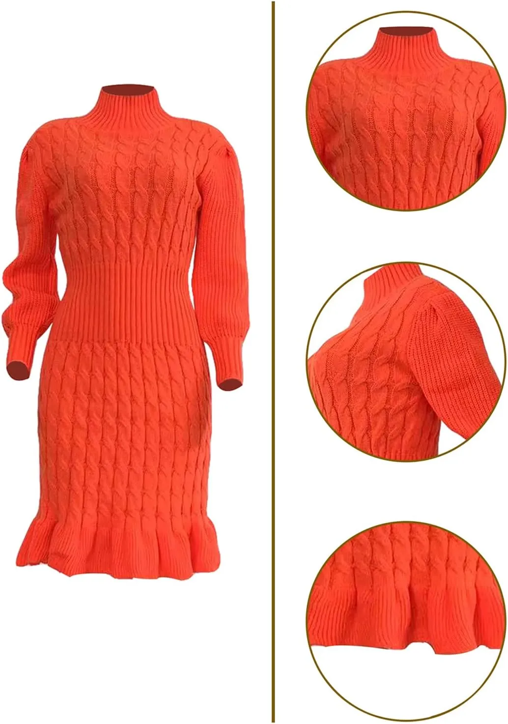 Women's Sweater Dress 2023 Fall High Neck Long Sleeve Chunky Cable Knit Pullover Sweaters Dress