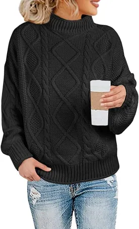 Womens Turtleneck Oversized Pullover Sweaters Cable Knit Batwing Long Sleeve Loose Fit Chunky Jumper Tops